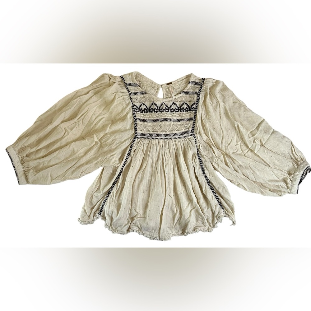 Free People Light Green/ Beige Peasant Blouse with Black Embroidery